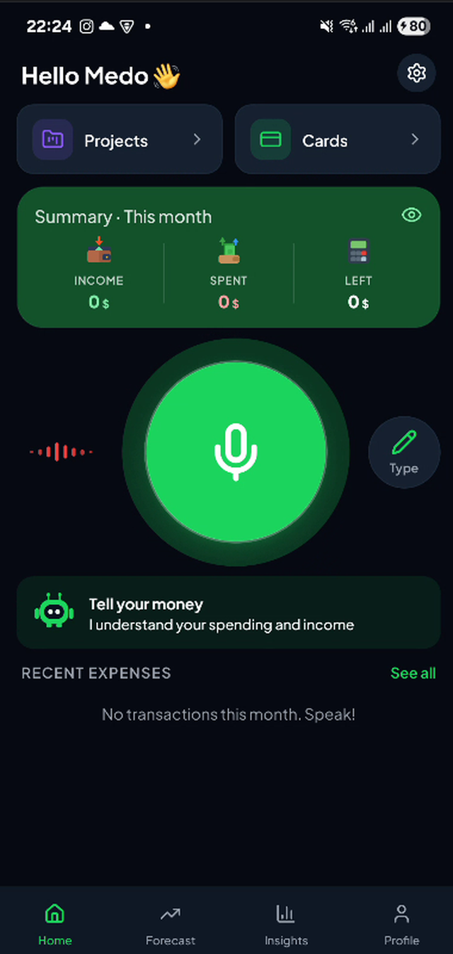 SayMoney app home screen